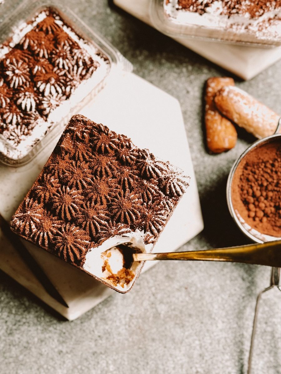 Finished Atkins-friendly mock tiramisu dusted with cocoa