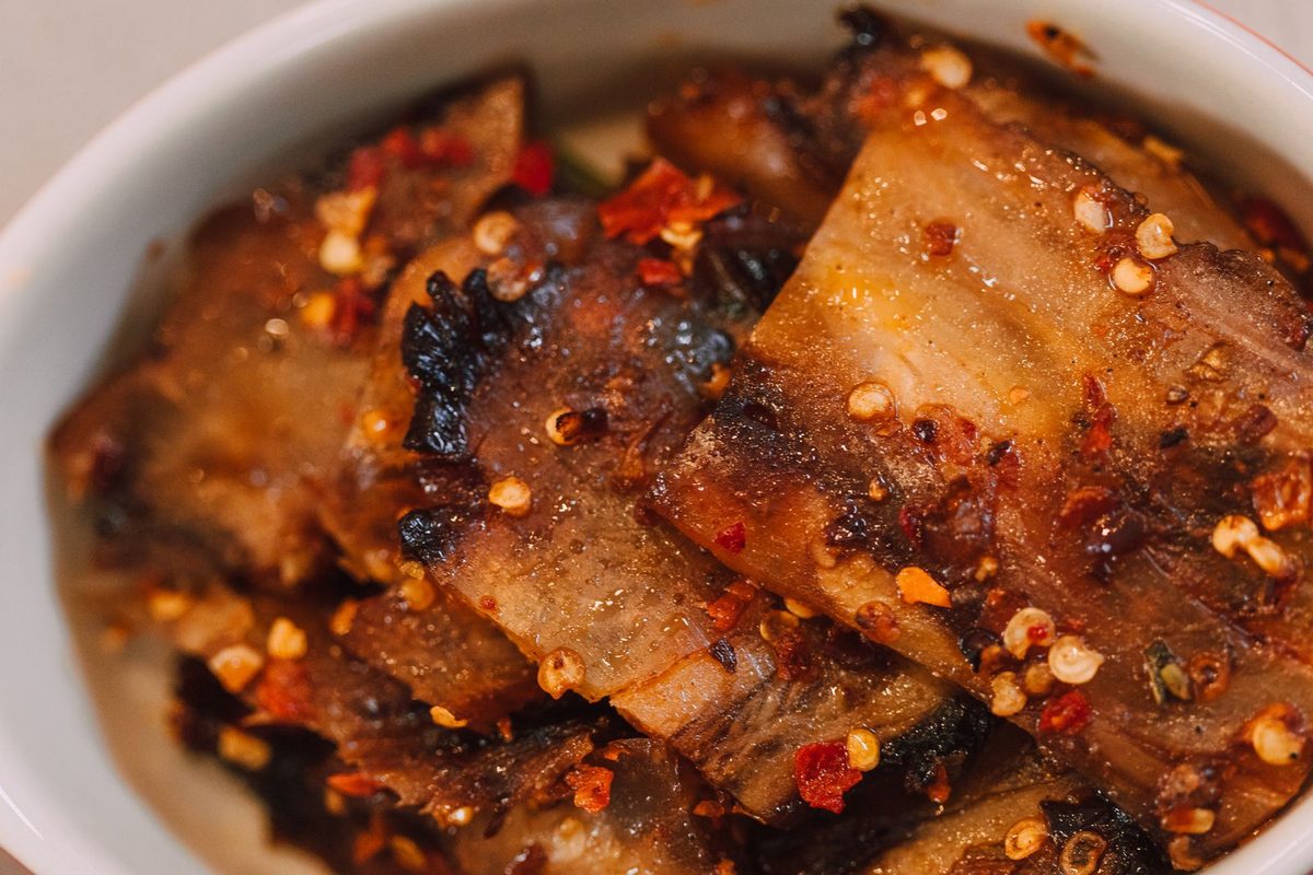 Finished baingan bharta, a spicy cooked eggplant dish, served in a bowl