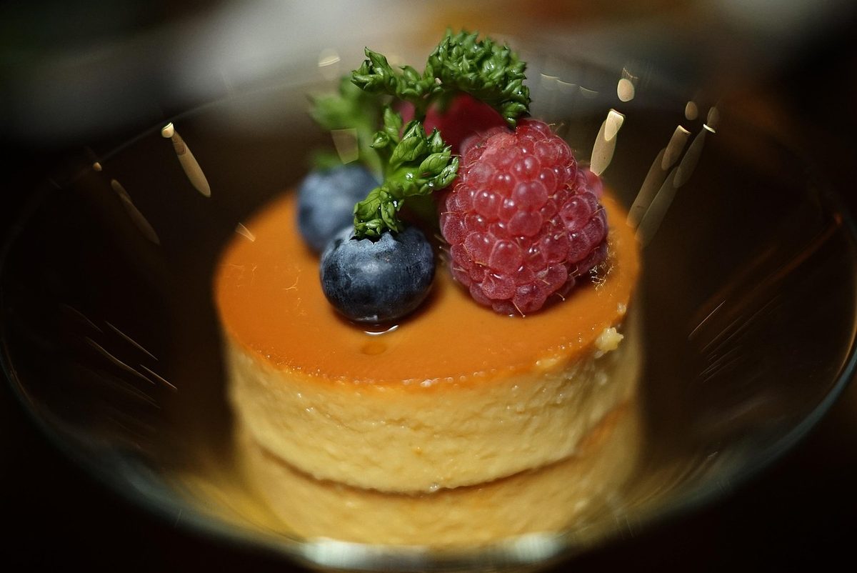 Finished Flan de Queso (cream cheese flan), a smooth caramel-topped custard dessert
