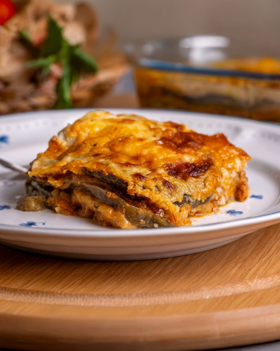 Finished Greek moussaka with layered eggplant and browned topping served on a plate