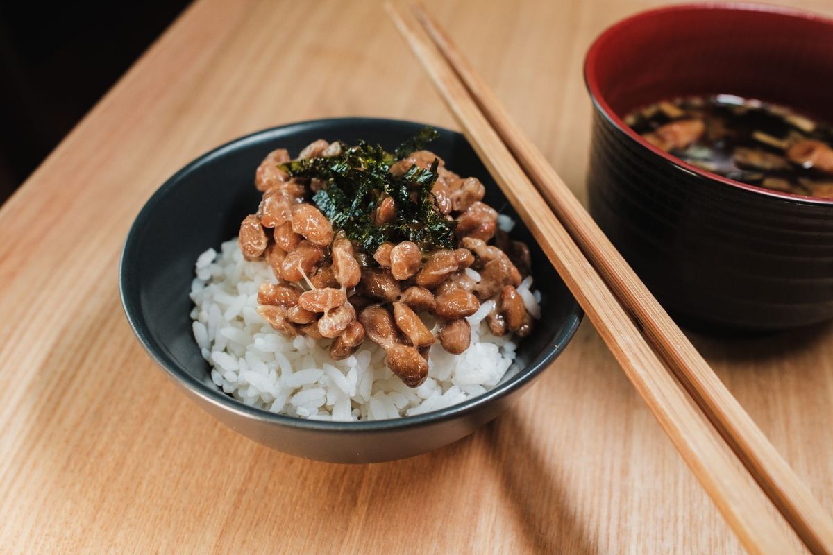 Finished natto (Japanese fermented soybeans) served with rice