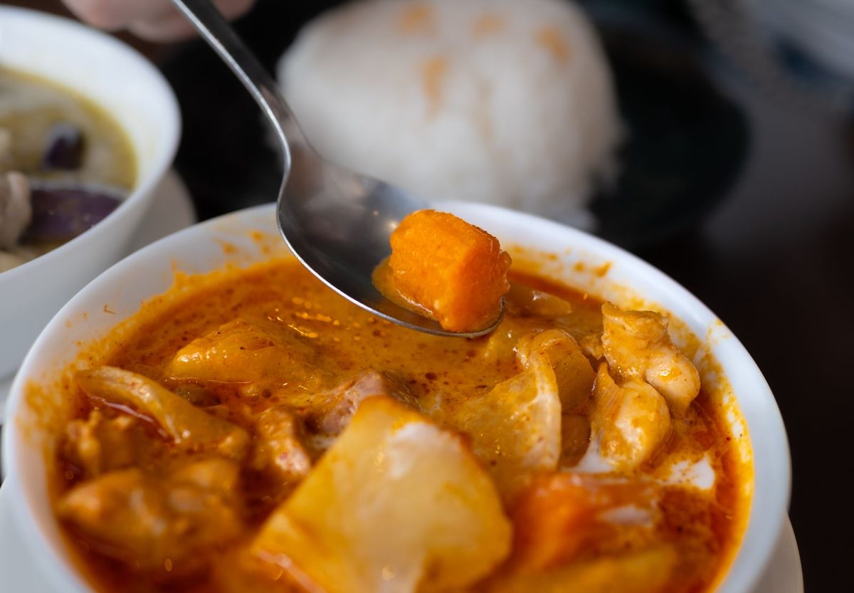 Finished Thai pineapple curry served in a bowl