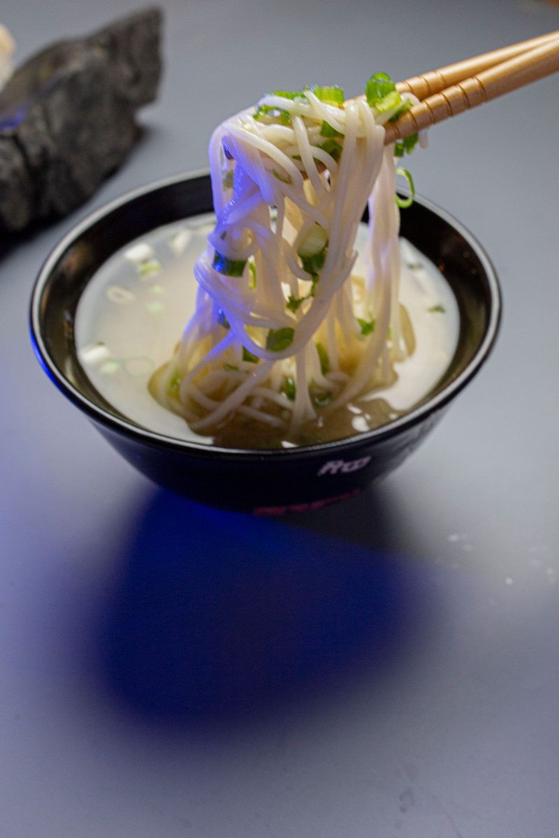 Finished bowl of spicy miso udon noodles in Japanese-style broth